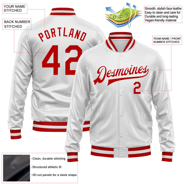 Custom White Red Bomber Full-Snap Varsity Faux Leather Letterman Jacket alternate