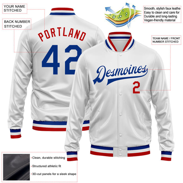 Custom White Royal-Red Bomber Full-Snap Varsity Faux Leather Letterman Jacket alternate