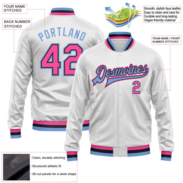 Custom White Pink Light Blue-Black Bomber Full-Snap Varsity Faux Leather Letterman Jacket alternate