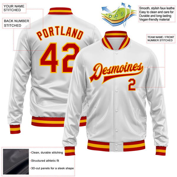 Custom White Red-Gold Bomber Full-Snap Varsity Faux Leather Letterman Jacket alternate