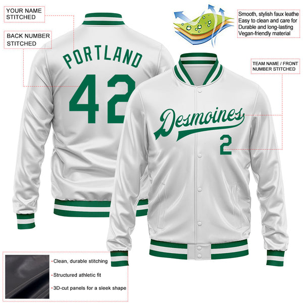 Custom White Kelly Green Bomber Full-Snap Varsity Faux Leather Letterman Jacket alternate