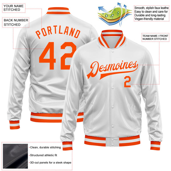 Custom White Orange Bomber Full-Snap Varsity Faux Leather Letterman Jacket alternate