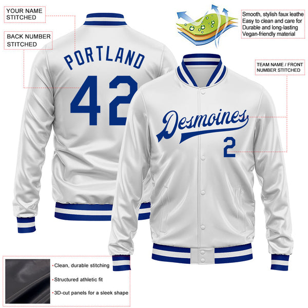 Custom White Royal Bomber Full-Snap Varsity Faux Leather Letterman Jacket alternate