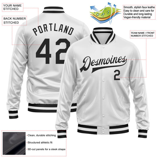 Custom White Black Bomber Full-Snap Varsity Faux Leather Letterman Jacket alternate