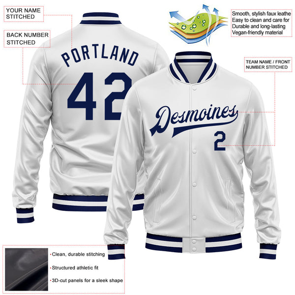 Custom White Navy Bomber Full-Snap Varsity Faux Leather Letterman Jacket alternate