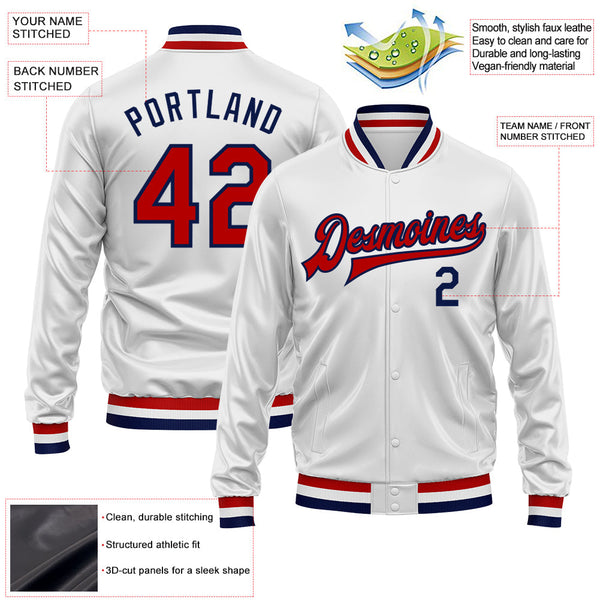 Custom White Red-Navy Bomber Full-Snap Varsity Faux Leather Letterman Jacket alternate