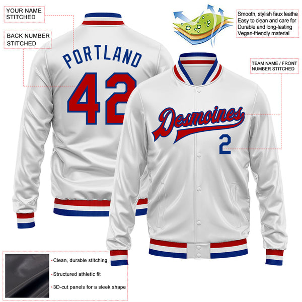 Custom White Red-Royal Bomber Full-Snap Varsity Faux Leather Letterman Jacket alternate