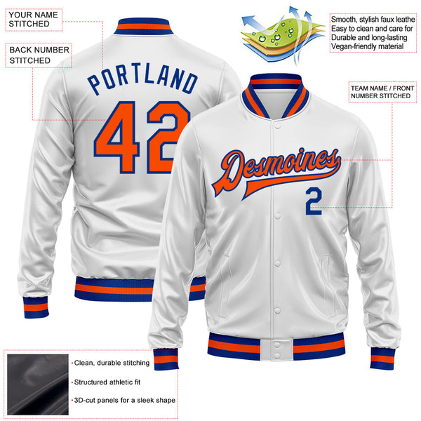 Custom White Orange-Royal Bomber Full-Snap Varsity Faux Leather Letterman Jacket alternate