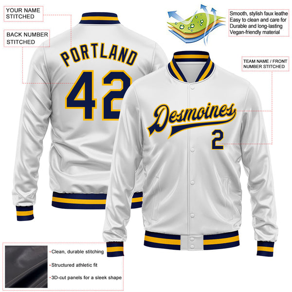 Custom White Navy-Gold Bomber Full-Snap Varsity Faux Leather Letterman Jacket alternate