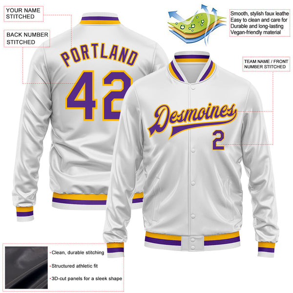 Custom White Purple-Gold Bomber Full-Snap Varsity Faux Leather Letterman Jacket alternate