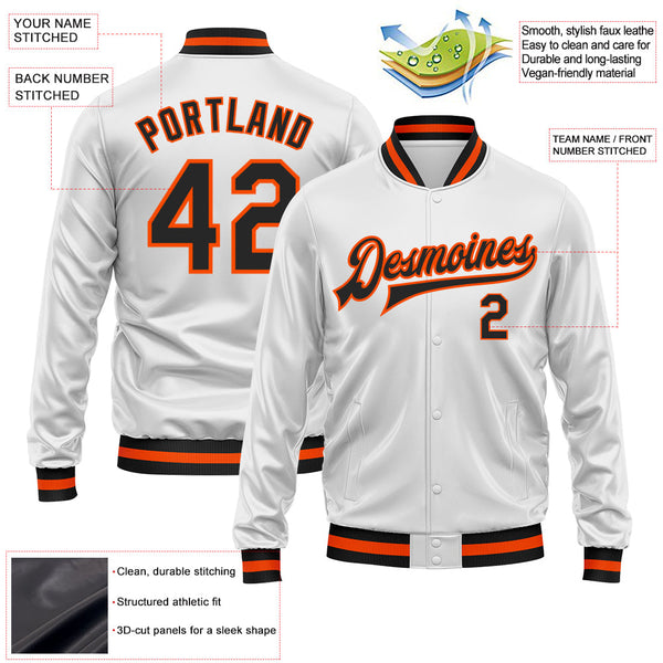 Custom White Black-Orange Bomber Full-Snap Varsity Faux Leather Letterman Jacket alternate