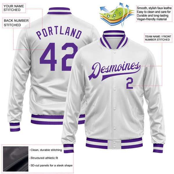 Custom White Purple Bomber Full-Snap Varsity Faux Leather Letterman Jacket alternate