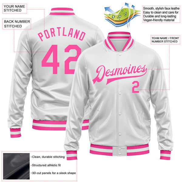 Custom White Pink Bomber Full-Snap Varsity Faux Leather Letterman Jacket alternate
