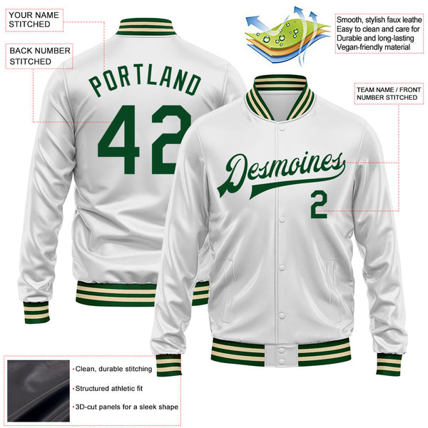 Custom White Green Bomber Full-Snap Varsity Faux Leather Letterman Jacket alternate