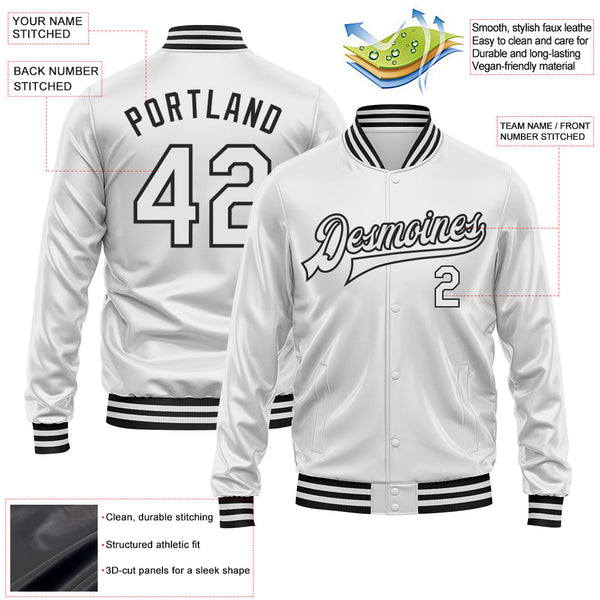 Custom White White-Black Bomber Full-Snap Varsity Faux Leather Letterman Jacket alternate