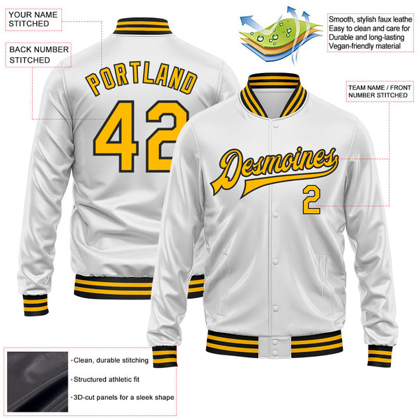 Custom White Gold-Black Bomber Full-Snap Varsity Faux Leather Letterman Jacket alternate