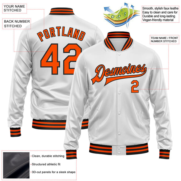 Custom White Orange-Black Bomber Full-Snap Varsity Faux Leather Letterman Jacket alternate