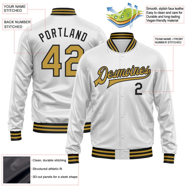 Custom White Old Gold-Black Bomber Full-Snap Varsity Faux Leather Letterman Jacket alternate