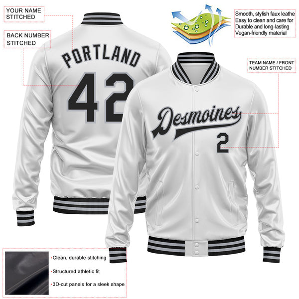 Custom White Black-Gray Bomber Full-Snap Varsity Faux Leather Letterman Jacket alternate