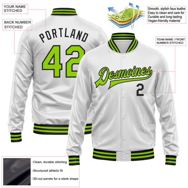 Custom White Neon Green-Black Bomber Full-Snap Varsity Faux Leather Letterman Jacket alternate