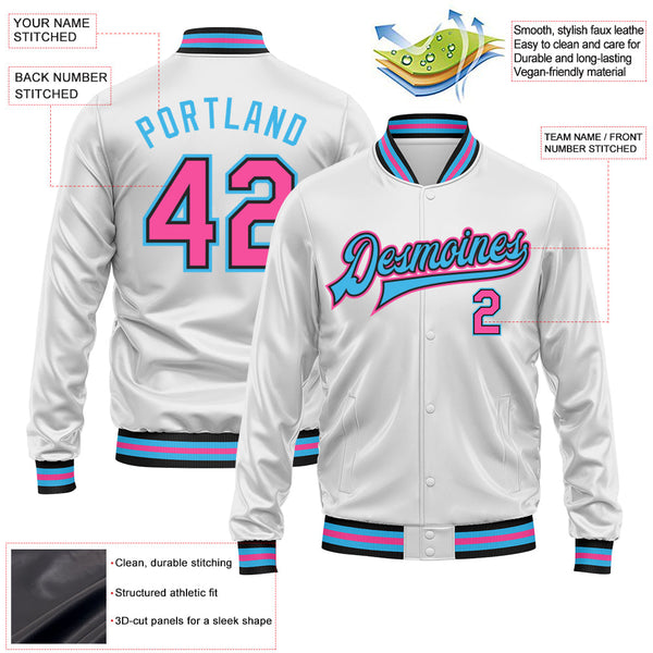 Custom White Pink Sky Blue-Black Bomber Full-Snap Varsity Faux Leather Letterman Jacket alternate