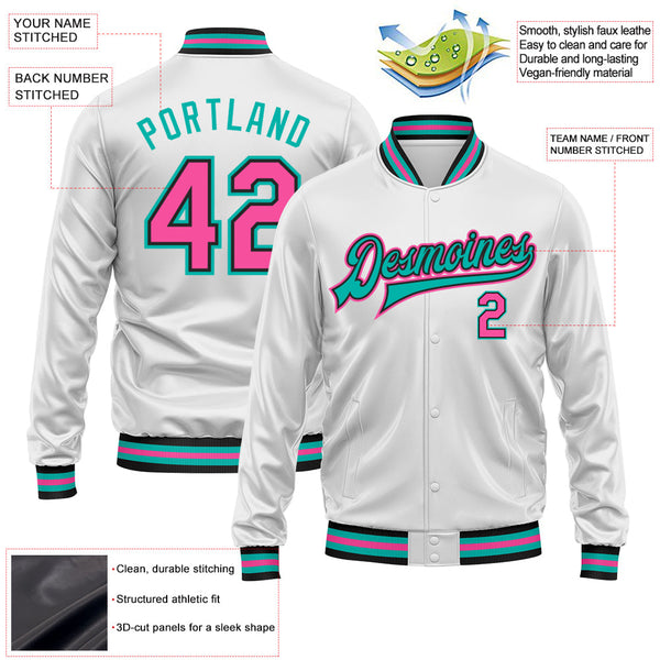 Custom White Pink Aqua-Black Bomber Full-Snap Varsity Faux Leather Letterman Jacket alternate