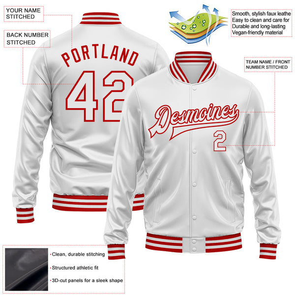 Custom White White-Red Bomber Full-Snap Varsity Faux Leather Letterman Jacket alternate