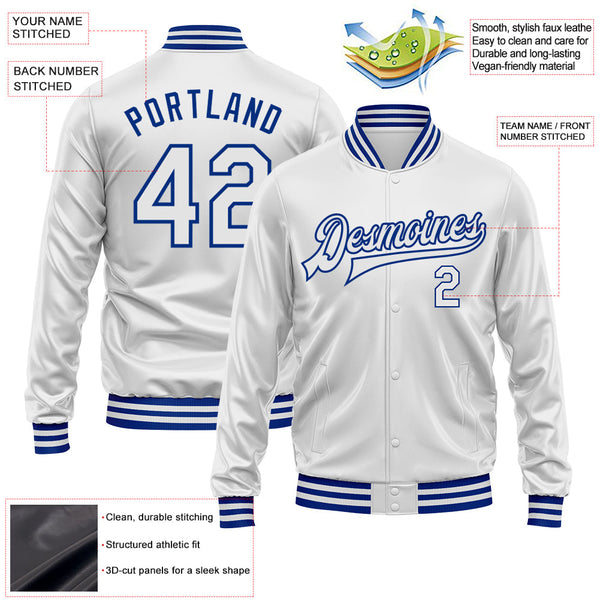 Custom White White-Royal Bomber Full-Snap Varsity Faux Leather Letterman Jacket alternate