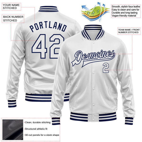 Custom White White-Navy Bomber Full-Snap Varsity Faux Leather Letterman Jacket alternate