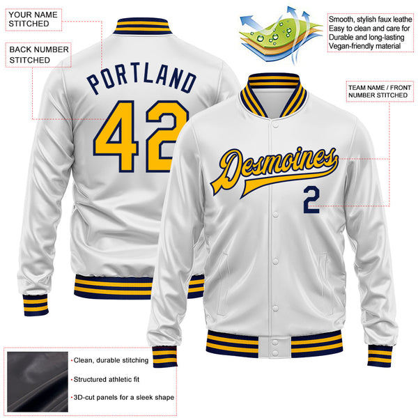 Custom White Gold-Navy Bomber Full-Snap Varsity Faux Leather Letterman Jacket alternate