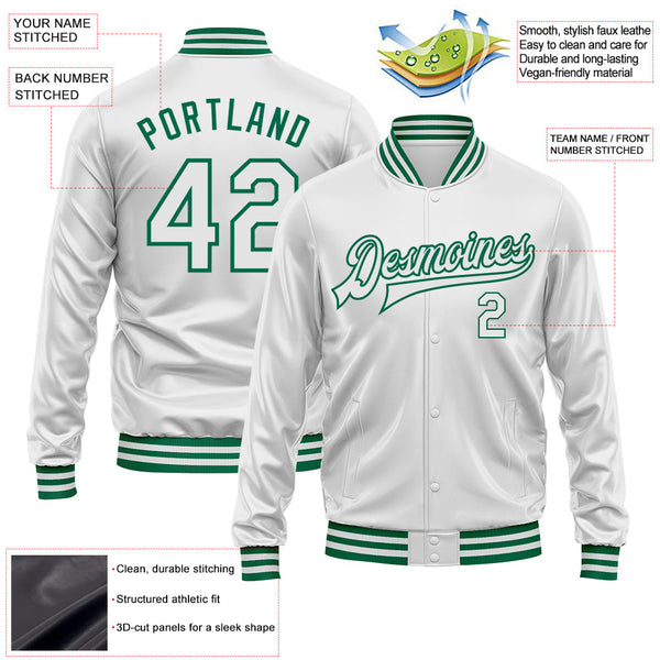 Custom White White-Kelly Green Bomber Full-Snap Varsity Faux Leather Letterman Jacket alternate
