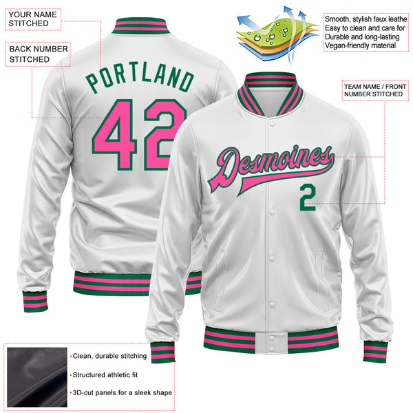 Custom White Pink-Kelly Green Bomber Full-Snap Varsity Faux Leather Letterman Jacket alternate