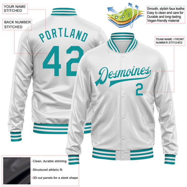 Custom White Teal Bomber Full-Snap Varsity Faux Leather Letterman Jacket alternate