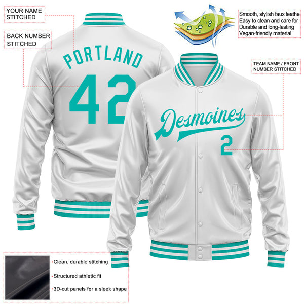 Custom White Aqua Bomber Full-Snap Varsity Faux Leather Letterman Jacket alternate