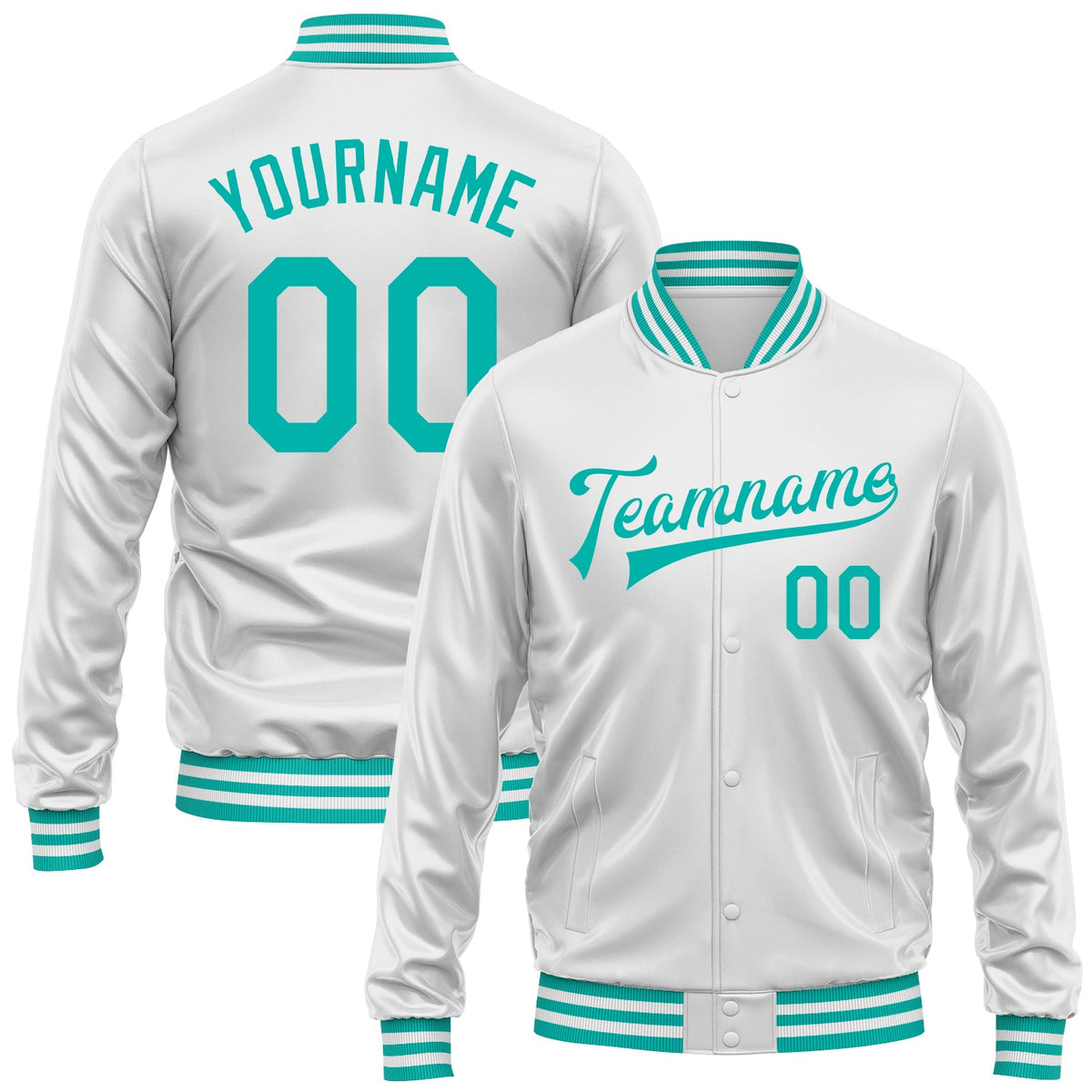 Custom White Aqua Bomber Full-Snap Varsity Faux Leather Letterman Jacket