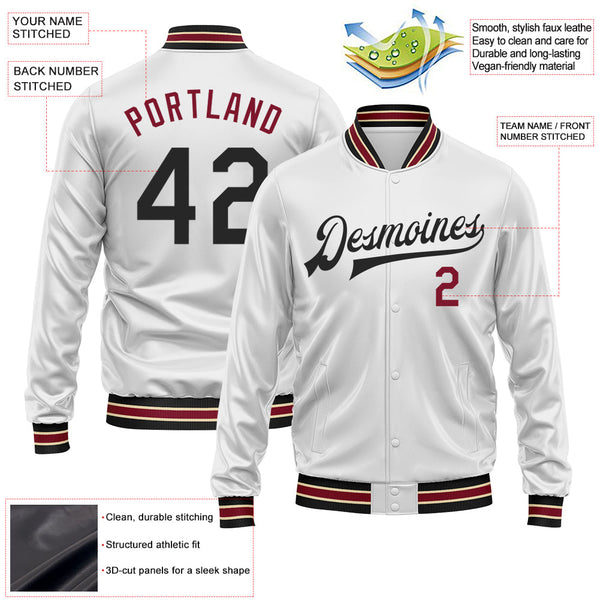 Custom White Black-Crimson Bomber Full-Snap Varsity Faux Leather Letterman Jacket alternate