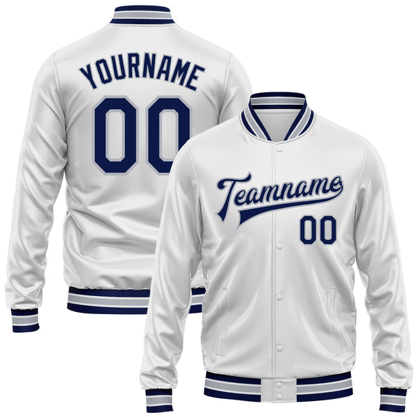 Custom White Navy-Gray Bomber Full-Snap Varsity Faux Leather Letterman Jacket
