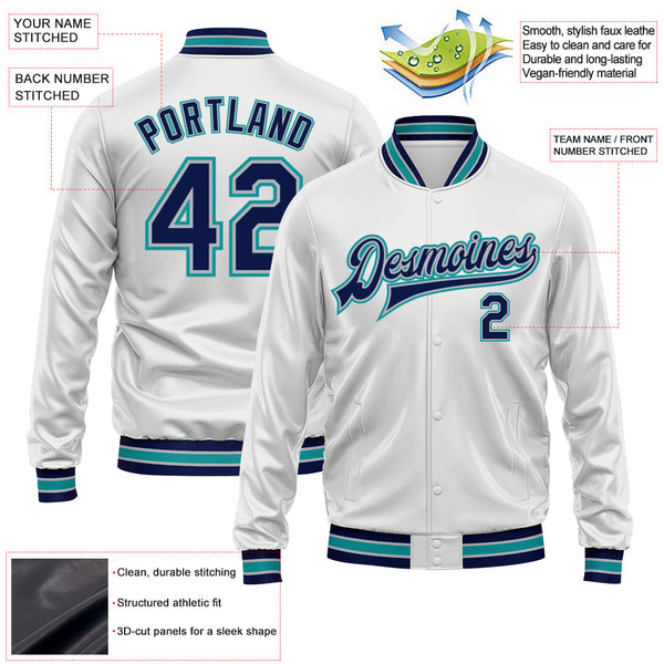 Custom White Navy Teal-Gray Bomber Full-Snap Varsity Faux Leather Letterman Jacket alternate