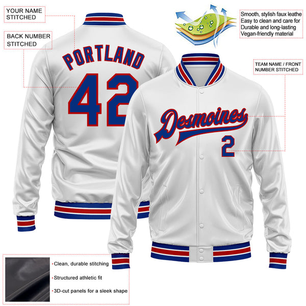 Custom White Royal-Red Bomber Full-Snap Varsity Faux Leather Letterman Jacket alternate