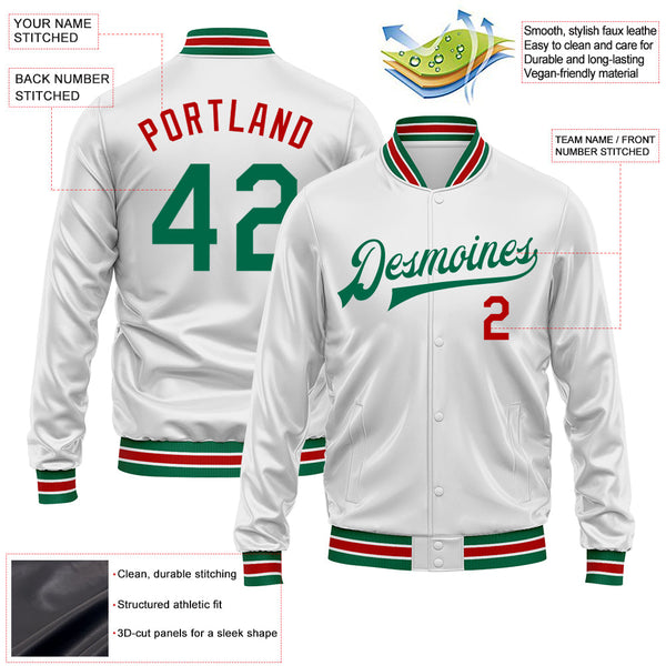 Custom White Kelly Green-Red Bomber Full-Snap Varsity Faux Leather Letterman Jacket alternate