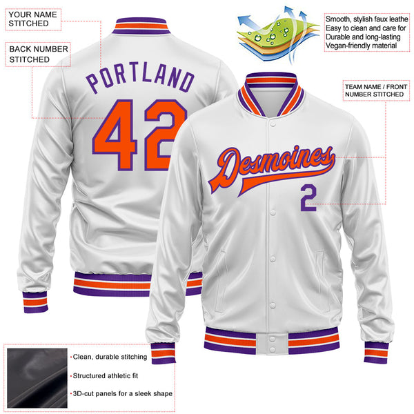 Custom White Orange-Purple Bomber Full-Snap Varsity Faux Leather Letterman Jacket alternate