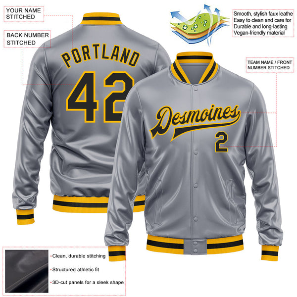 Custom Gray Black-Gold Bomber Full-Snap Varsity Faux Leather Letterman Jacket alternate