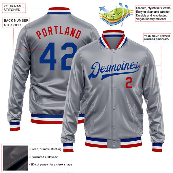 Custom Gray Royal-Red Bomber Full-Snap Varsity Faux Leather Letterman Jacket alternate