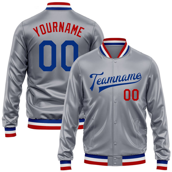 Custom Gray Royal-Red Bomber Full-Snap Varsity Faux Leather Letterman Jacket