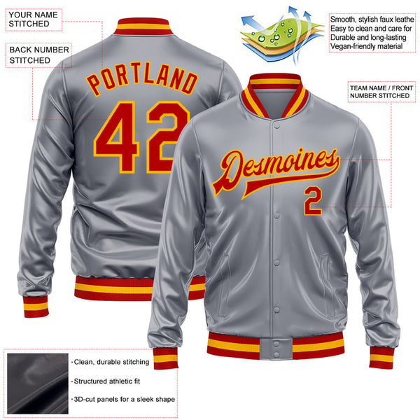 Custom Gray Red-Gold Bomber Full-Snap Varsity Faux Leather Letterman Jacket alternate