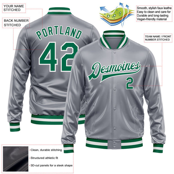 Custom Gray Kelly Green-White Bomber Full-Snap Varsity Faux Leather Letterman Jacket alternate