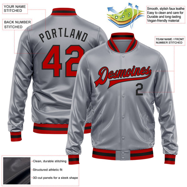Custom Gray Red-Black Bomber Full-Snap Varsity Faux Leather Letterman Jacket alternate
