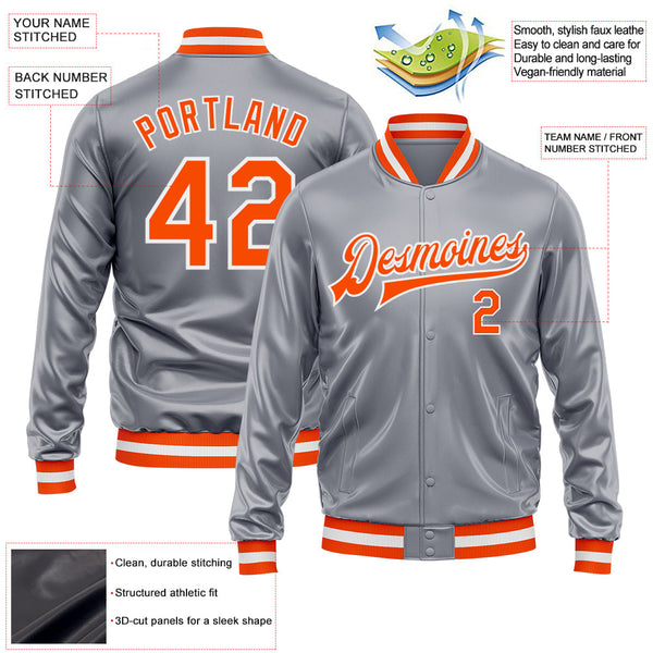 Custom Gray Orange-White Bomber Full-Snap Varsity Faux Leather Letterman Jacket alternate