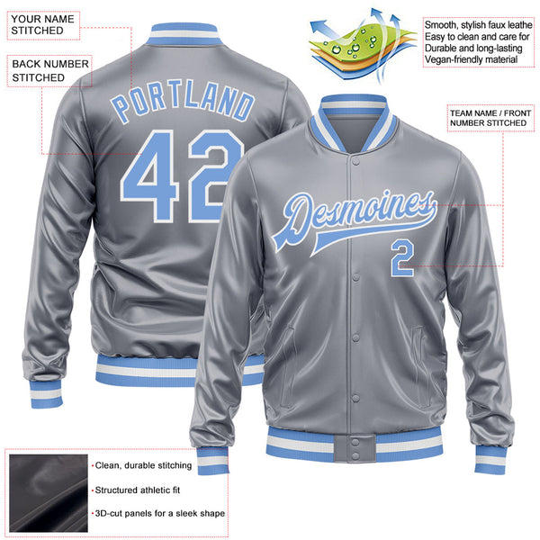 Custom Gray Light Blue-White Bomber Full-Snap Varsity Faux Leather Letterman Jacket alternate