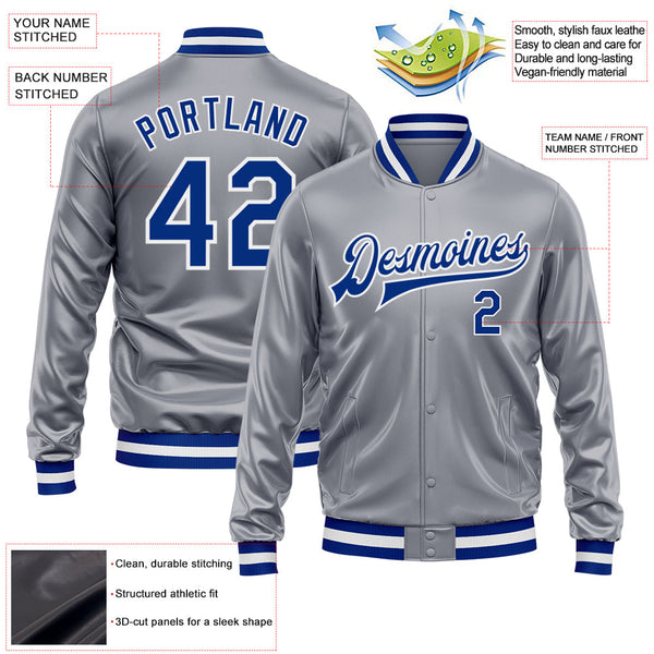 Custom Gray Royal-White Bomber Full-Snap Varsity Faux Leather Letterman Jacket alternate